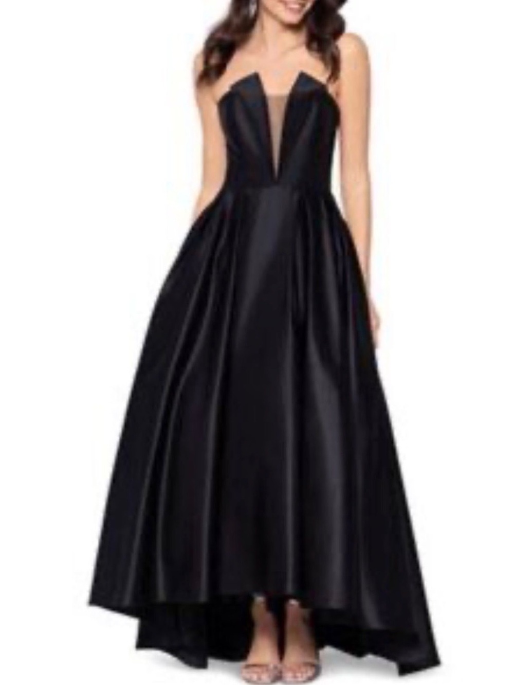 Betsy & Adam Black Satin High-Low Evening Gown
